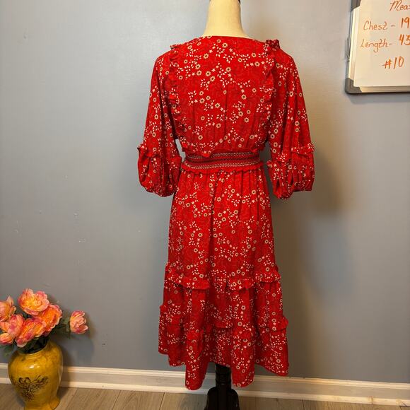 Max Studio Red Floral Tiered Ruffle V-Neck Blouson Sleeve Midi Dress XS Boho - Picture 3 of 7